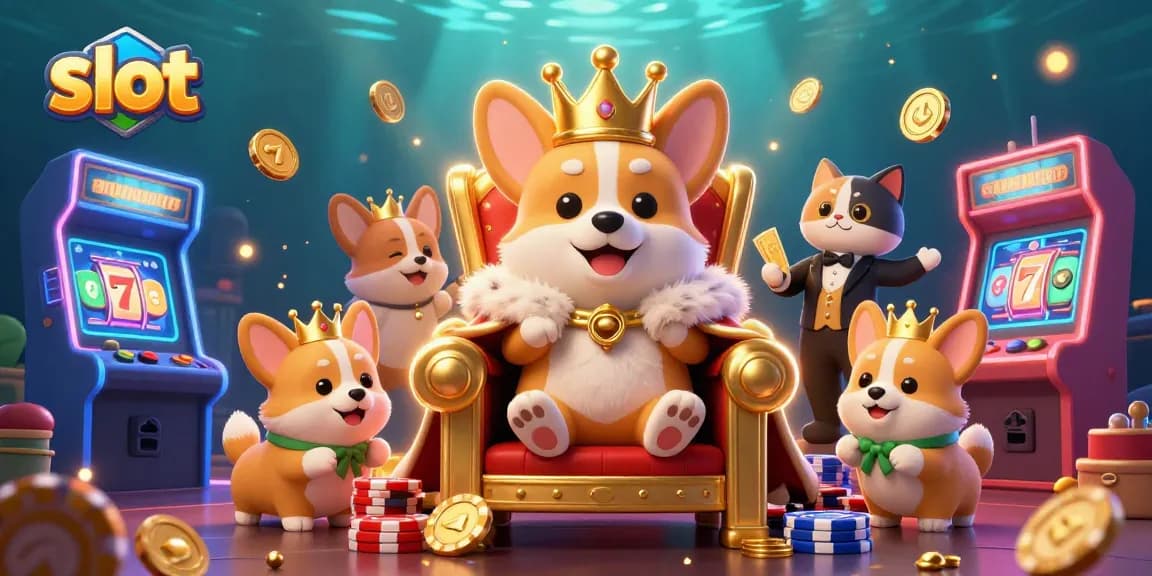 Slot gacor dengan kucing pelayan, corgi mahkota bermain di depan mesin slot.