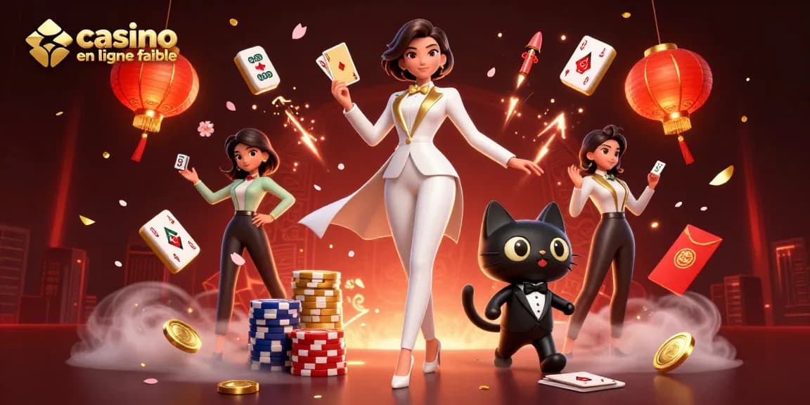 Scène engageante représentant un casino en ligne fiable avec une femme en smoking 3D mélangeant des cartes et un chat en dessin animé.