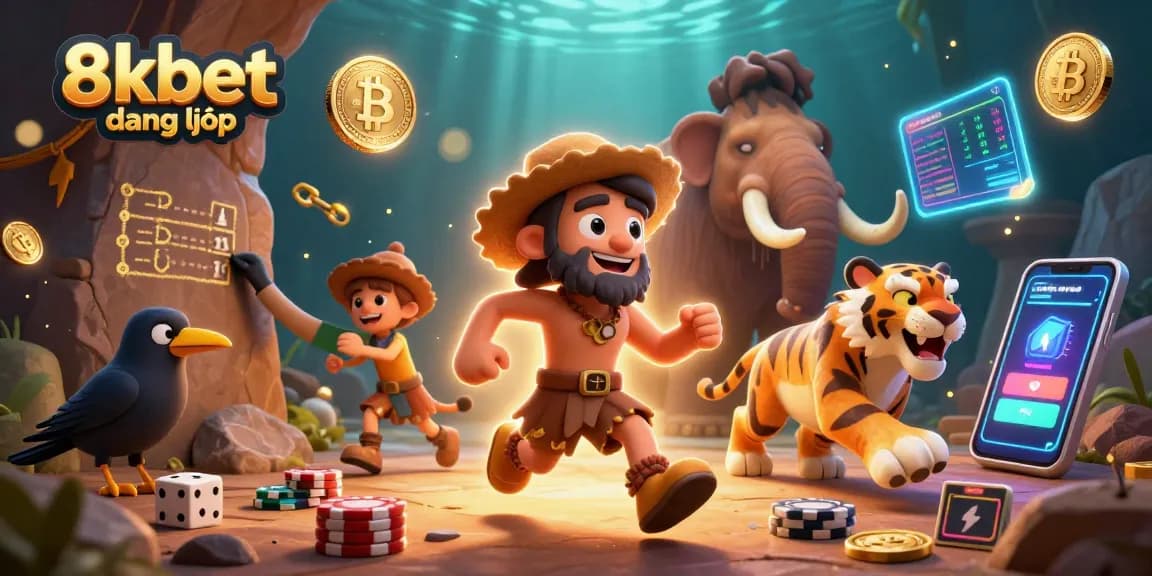 Engage in thrilling activities at 8xbet đăng nhập, a dynamic prehistoric casino scene featuring a caveman duo.
