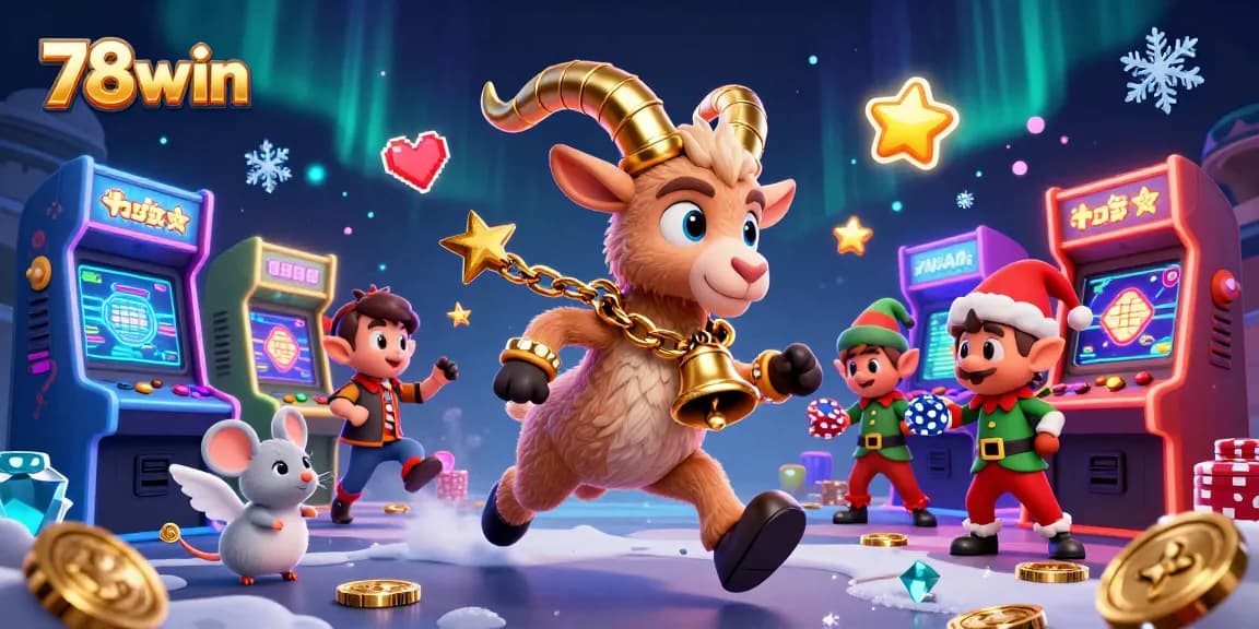 Engage in exciting gameplay at 78win, where Krampus manages a festive casino filled with playful characters and vibrant arcade machines.