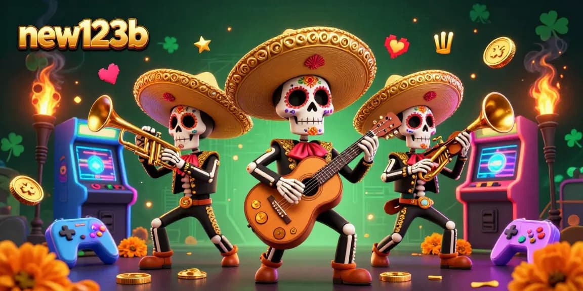 Spin to win with new123b at our vibrant casino featuring energetic mariachi skeletons!