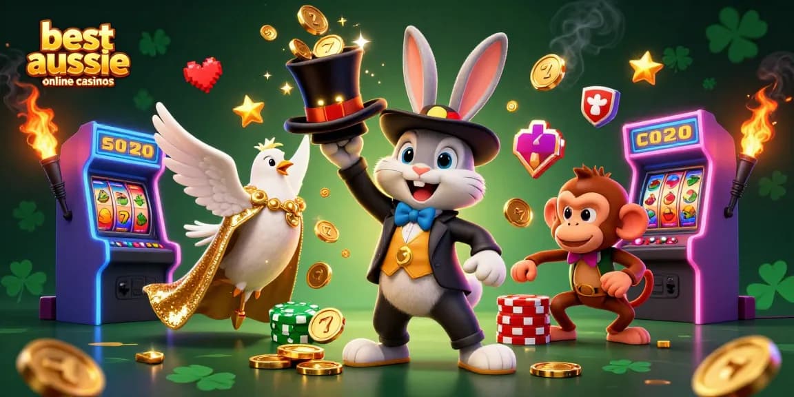 Engaging illustration showcasing the best Aussie online casinos with an enchanting magician rabbit and vibrant gaming elements.