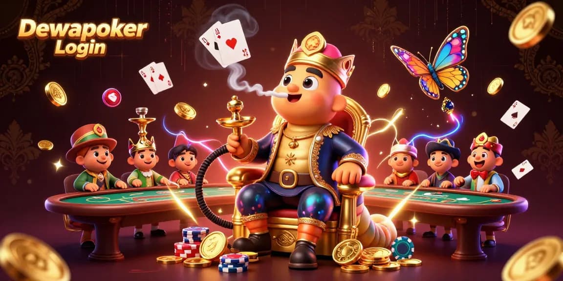 Dewapoker Login showcases an immersive 3D casino scene with poker elements, vibrant colors, and rich details.