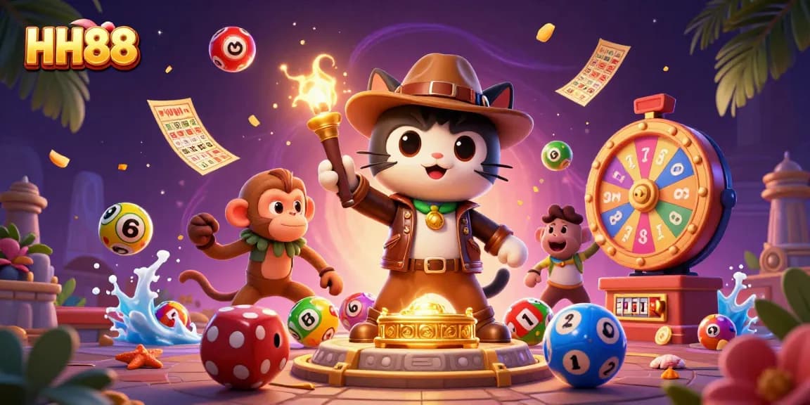 Engage in thrilling gambling action at HH88 with vibrant lottery balls and exciting casino artifacts.