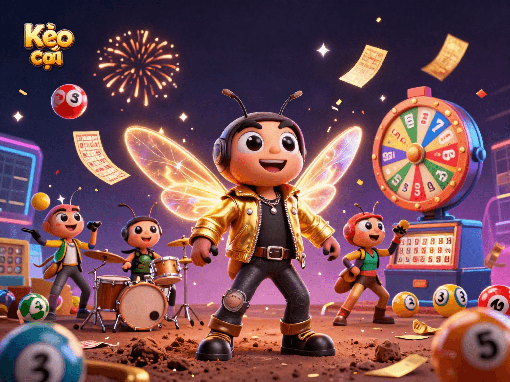 Kèo nhà cái showcases vibrant winning elements with a rock star cicada, dynamic lottery visuals, and energetic casino atmosphere.