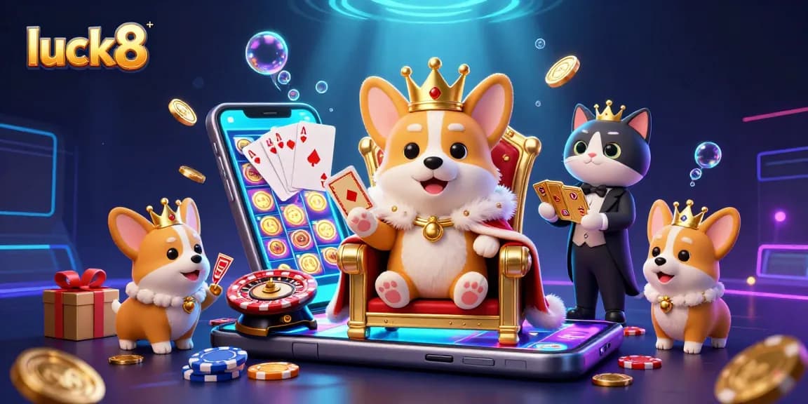 Experience lively gaming with luck8's vibrant scene featuring a royal corgi and exciting casino elements.