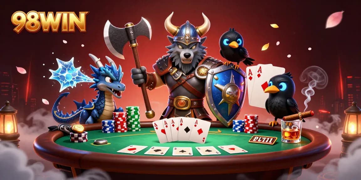 Engage in thrilling gaming action with 98WIN’s ultra-detailed 3D casino scene featuring vibrant characters.