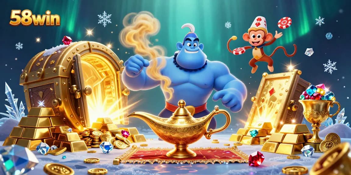 Experience thrilling wins at 58win with a vibrant 3D casino adventure illustration.