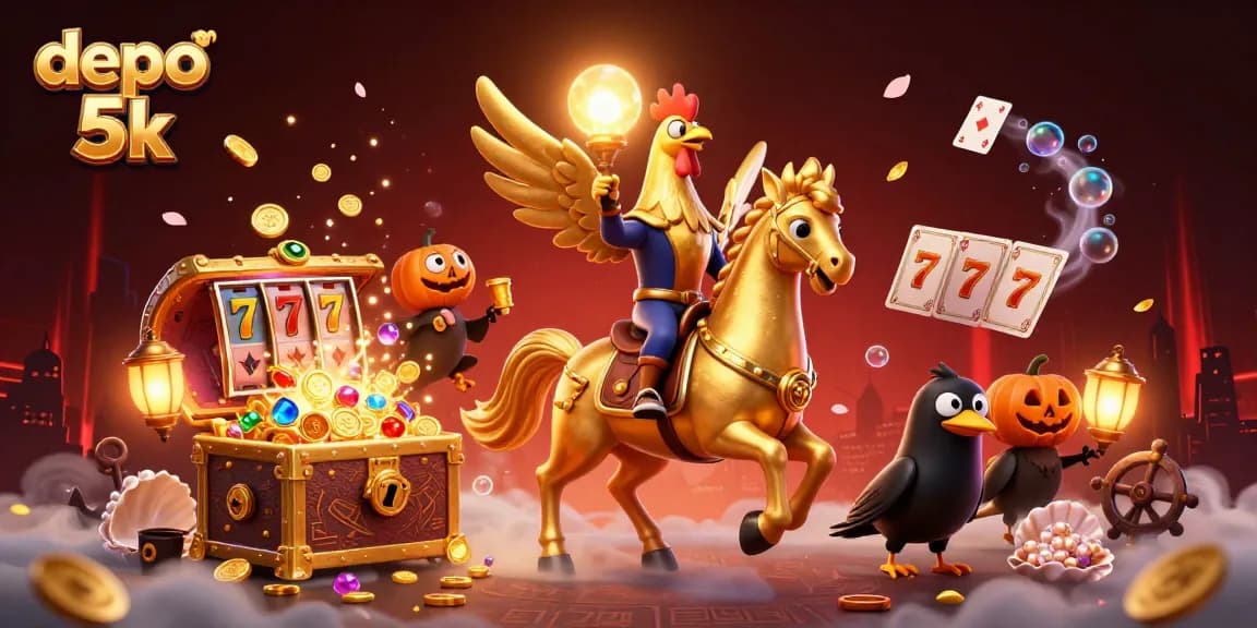 Experience the thrill of depo 5k as a golden rooster navigates a casino realm filled with treasures.