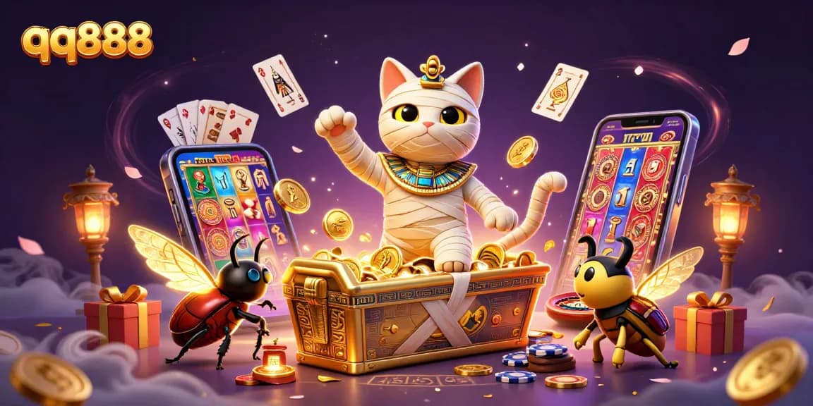 Experience excitement with qq888 as an Egyptian mummy cat reveals treasures in a vibrant casino.