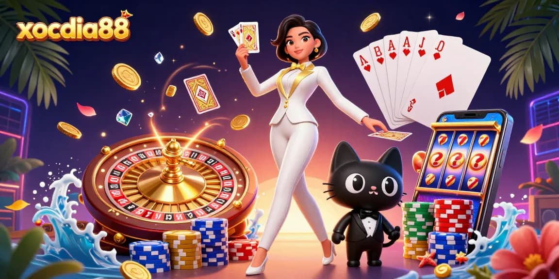 Xocdia88 showcases a glamorous woman shuffling cards with a playful cat, surrounded by golden treasures.