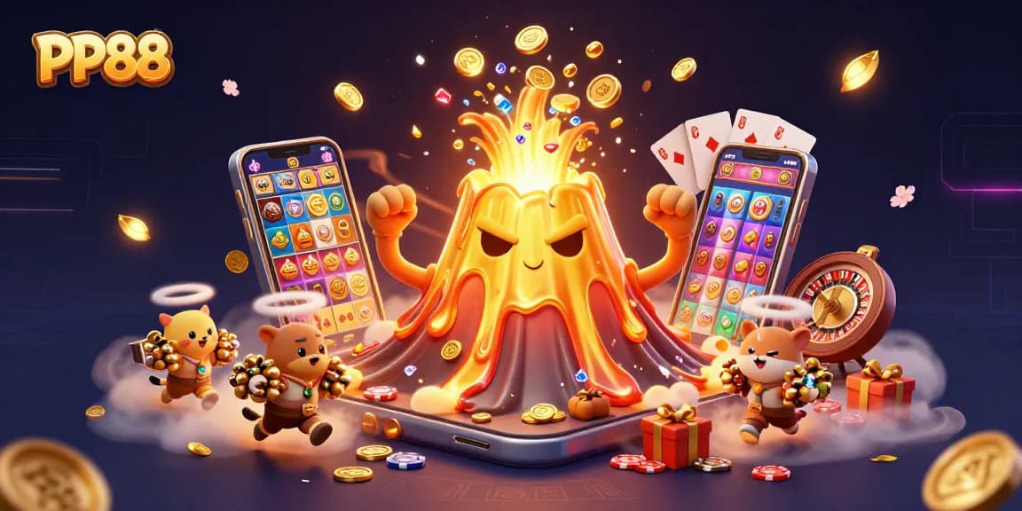 Engage with PP88's exciting gaming universe featuring a golden volcano, treasure, and vibrant casino elements.