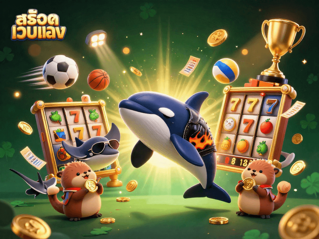 Engage with สล็อตเว็บตรง through this vivid, dynamic 3D illustration featuring an orca and sea otters.