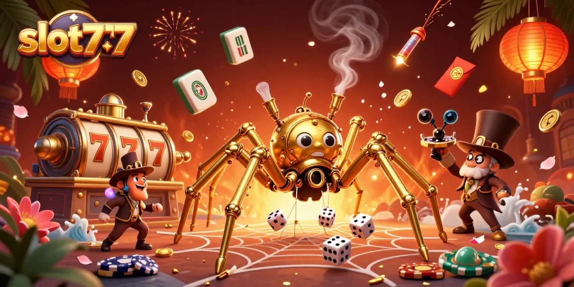 Experience thrilling slot777 gaming with a golden spider ensnaring dice in a vibrant casino scene.