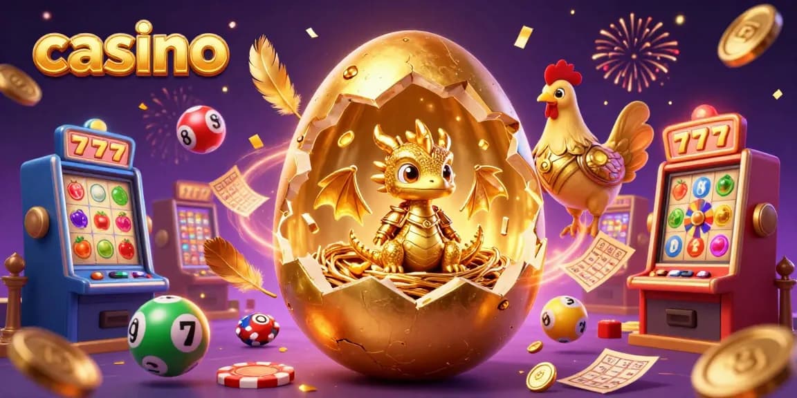Engage with exciting slot games as a golden dragon emerges from a casino egg amidst vibrant prizes.