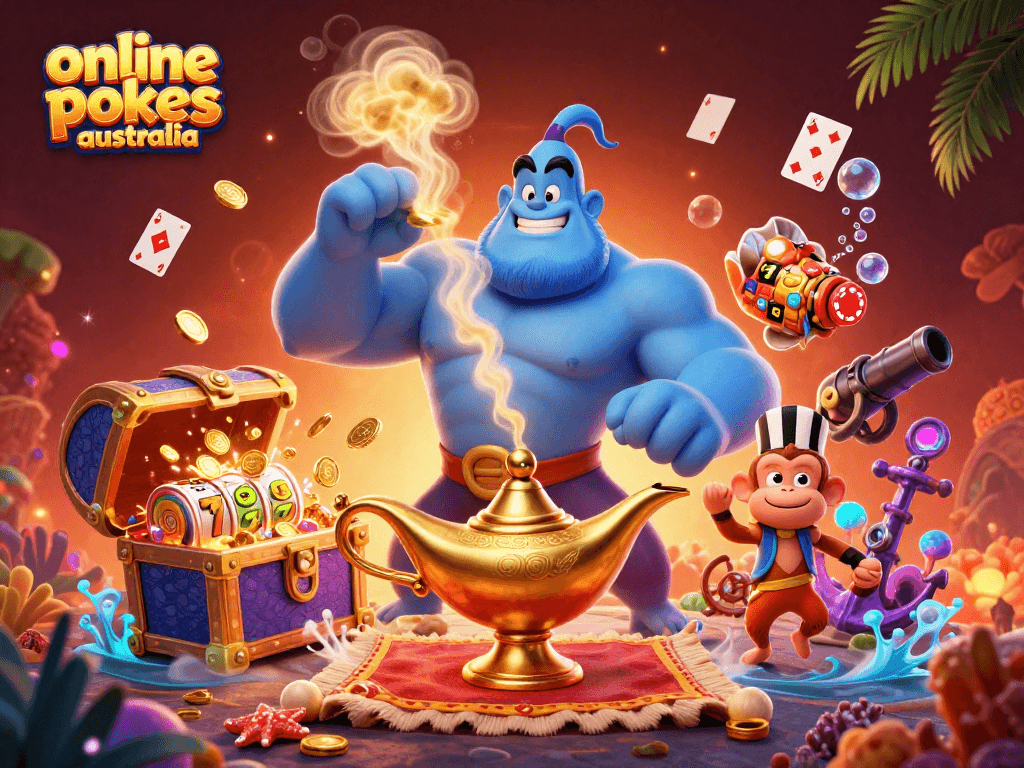 Play exciting online pokies Australia with thrilling jackpots and vibrant casino elements in a magical scene.