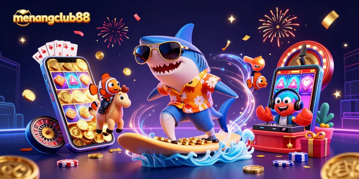 Surf thrilling gambling action with menangclub88, featuring a shark, clownfish, and crab in a lively casino scene.