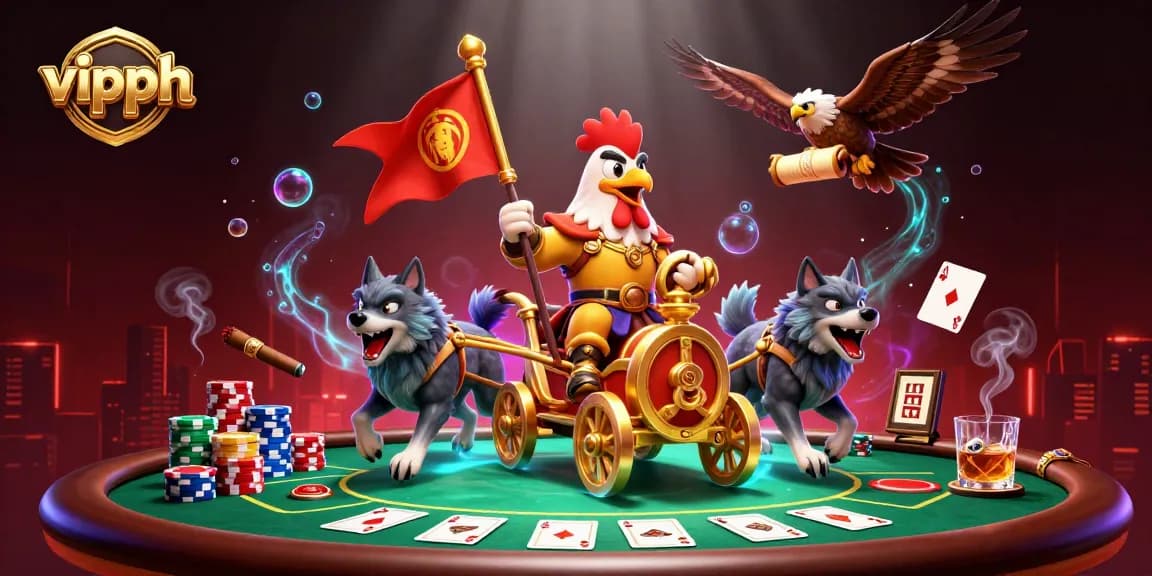 Experience thrilling poker action at vipph with a vibrant 3D illustration of a rooster warlord