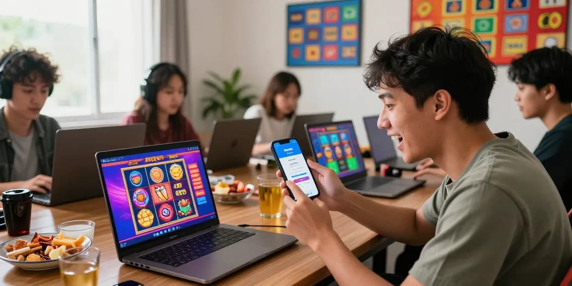 Players engaging with ngamenjitu slot games on various devices in an inviting atmosphere.
