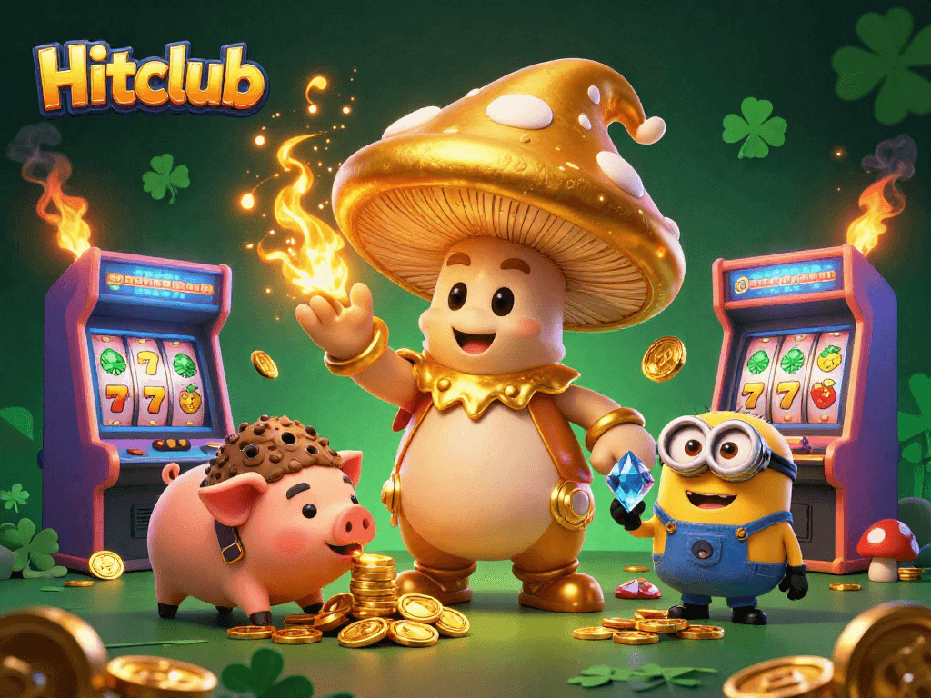 Enhance your gaming experience with Hitclub's magical gold-creating wizard amidst vibrant casino visuals.