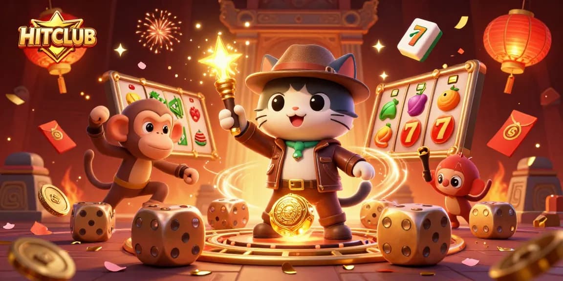 Experience excitement at HITCLUB with a vibrant scene depicting a cat explorer, casino artifacts, and festive elements.