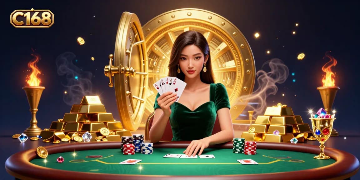 C168 poker scene with a beautiful Asian woman, chip stacks, and treasure features, emphasizing gaming excitement.
