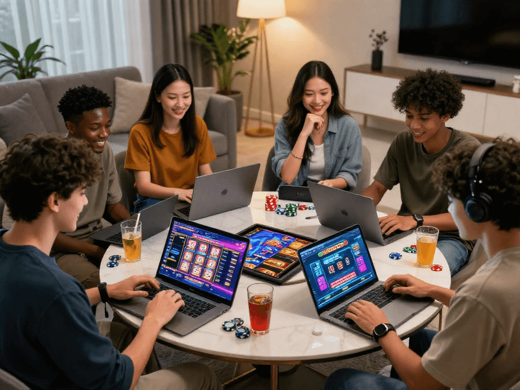 Diverse friends enjoying kebuntoto online gaming in a cozy living room.