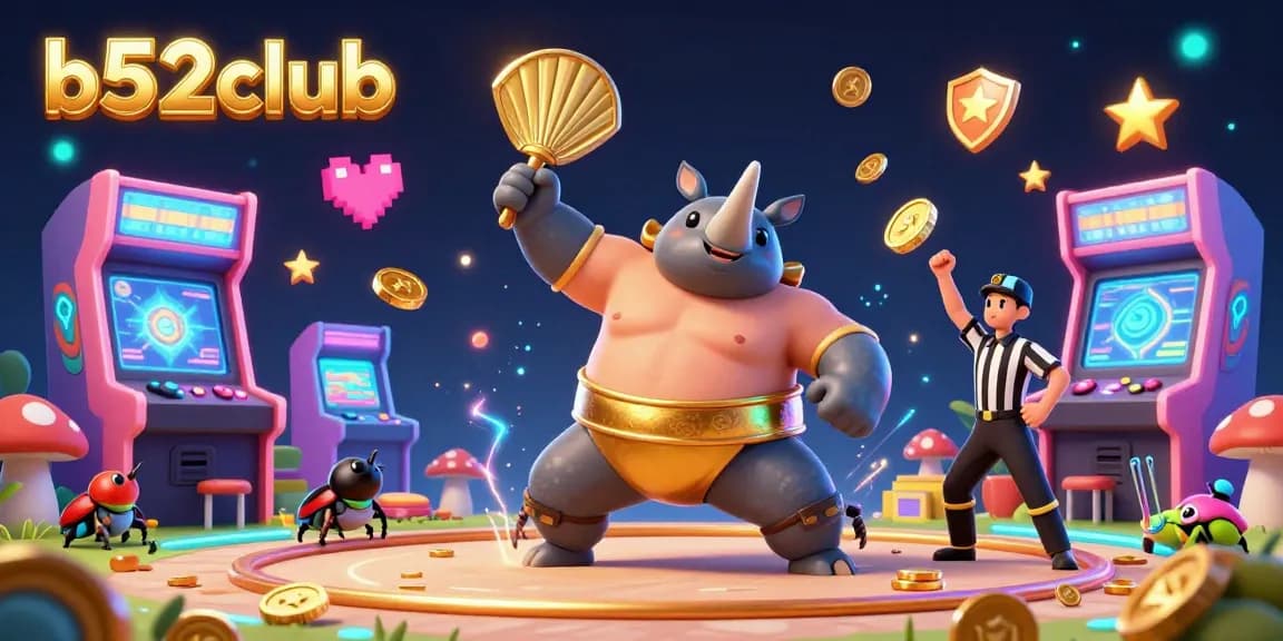 Engage with the vibrant action of b52club featuring a sumo beetle champion amidst dynamic gaming elements.