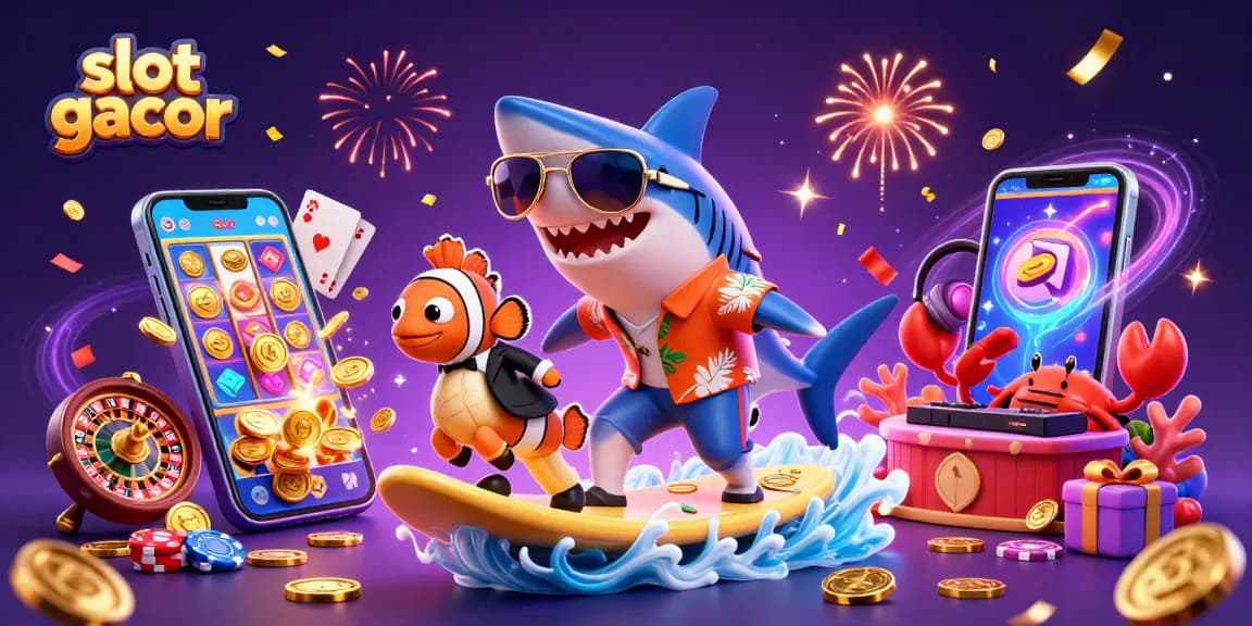 Slot gacor dalam ilustrasi 3D, menampilkan hiu dan karakter bermain di kasino.
