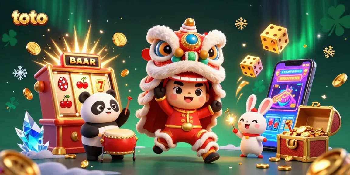 Toto slot jackpot celebration with characters from a lion dance, panda, and rabbit amidst casino game elements.