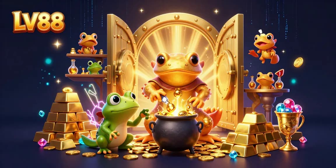 Experience thrilling wins at LV88 with a vibrant 3D casino scene bursting with golden treasures.
