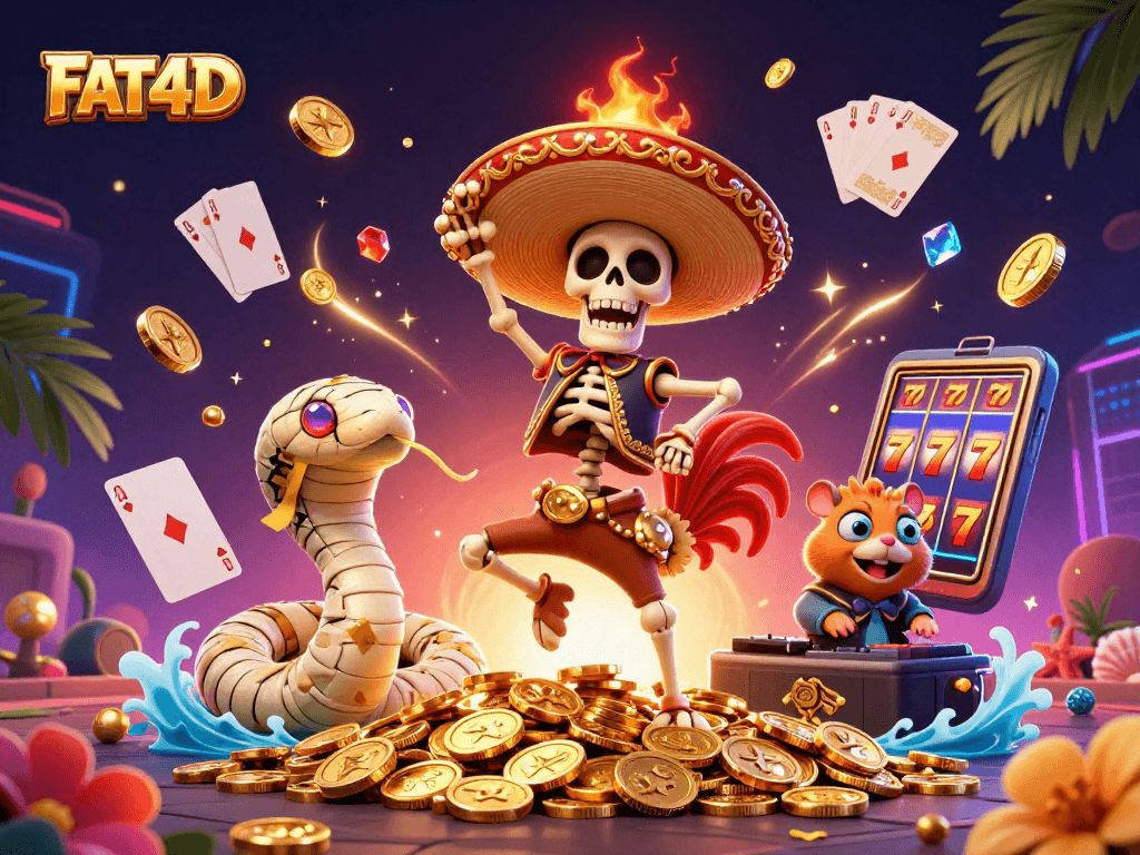 FAT4D showcases a victorious mariachi rooster dancing on golden coins amidst lively slot game elements.