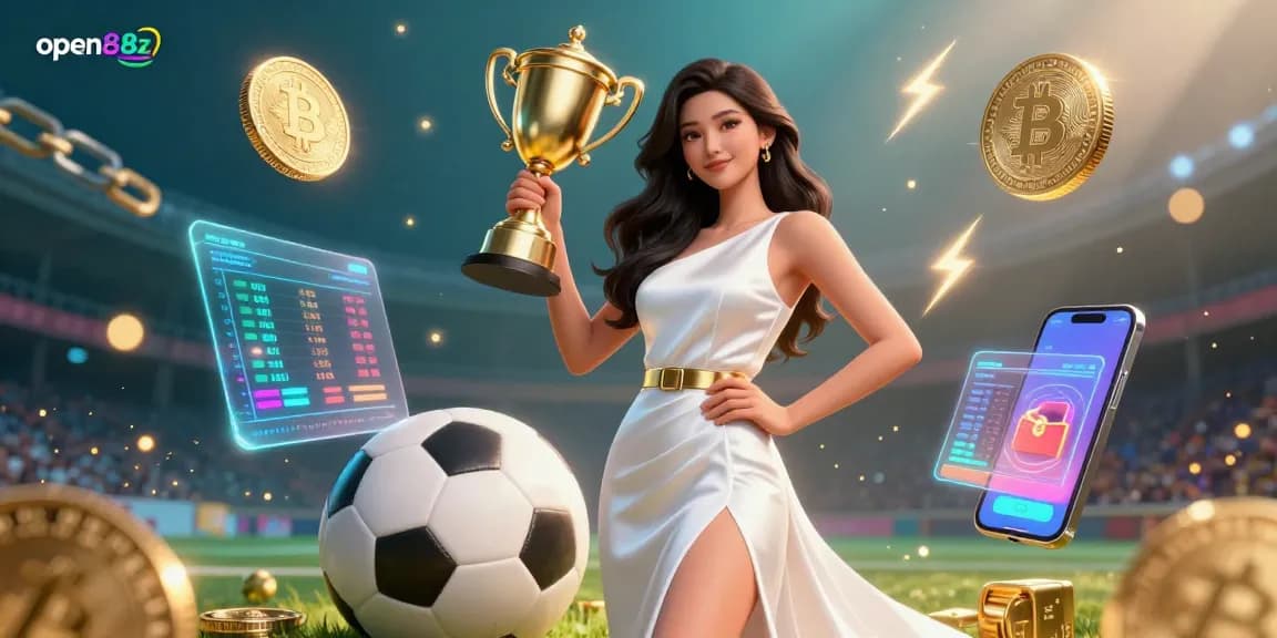 Win big with open88z at the ultimate online gaming platform featuring a stunning Asian woman with a trophy.