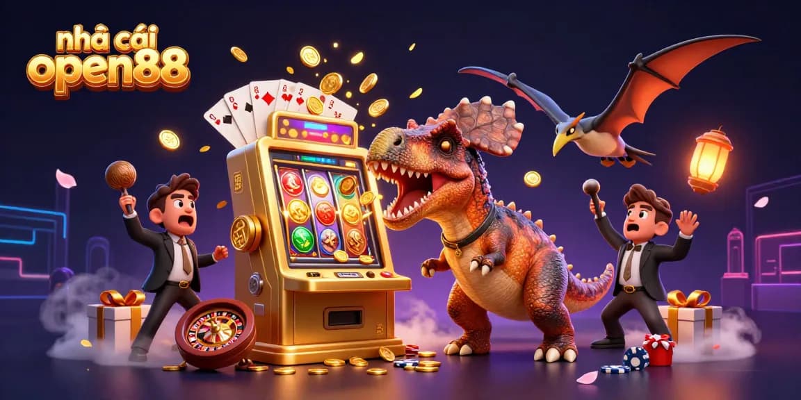 Experience the excitement at nhà cái open88 with a dynamic casino scene featuring cartoon dinosaurs and exciting gaming elements.