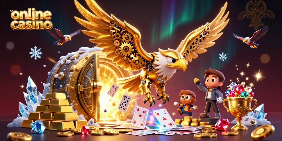 Online casino illustration featuring a golden eagle and holographic cards amidst treasure, showcasing opulence.