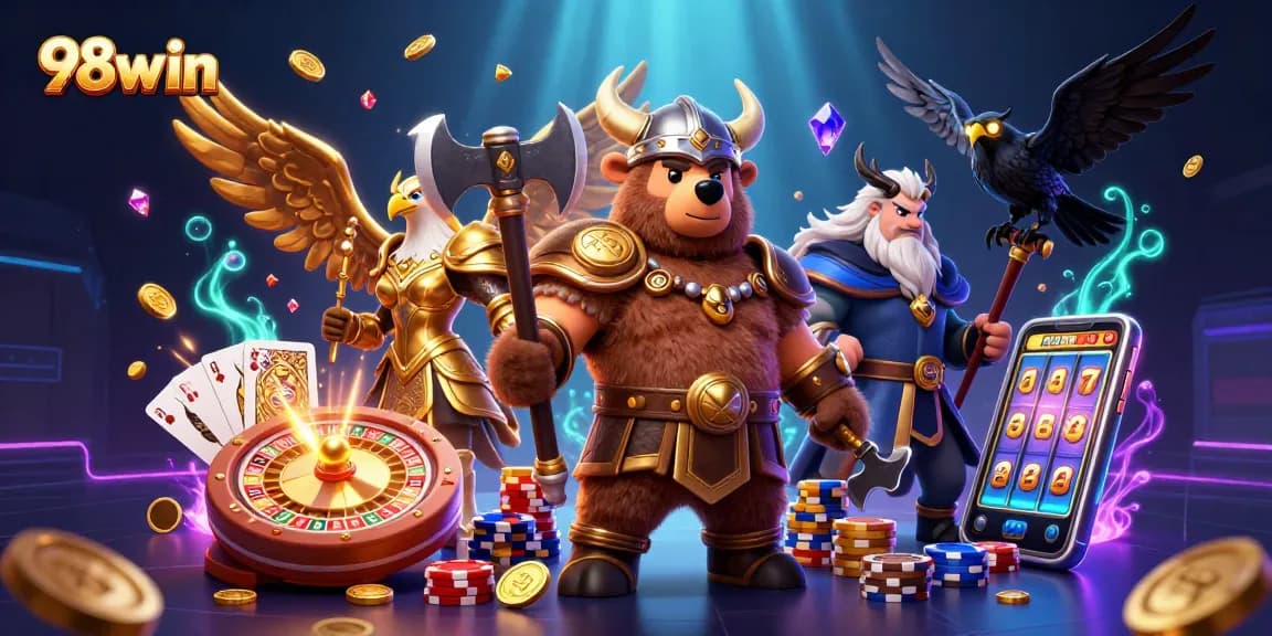 Experience thrilling action with the 98win Viking bear and Valkyrie eagle in a dynamic casino scene.