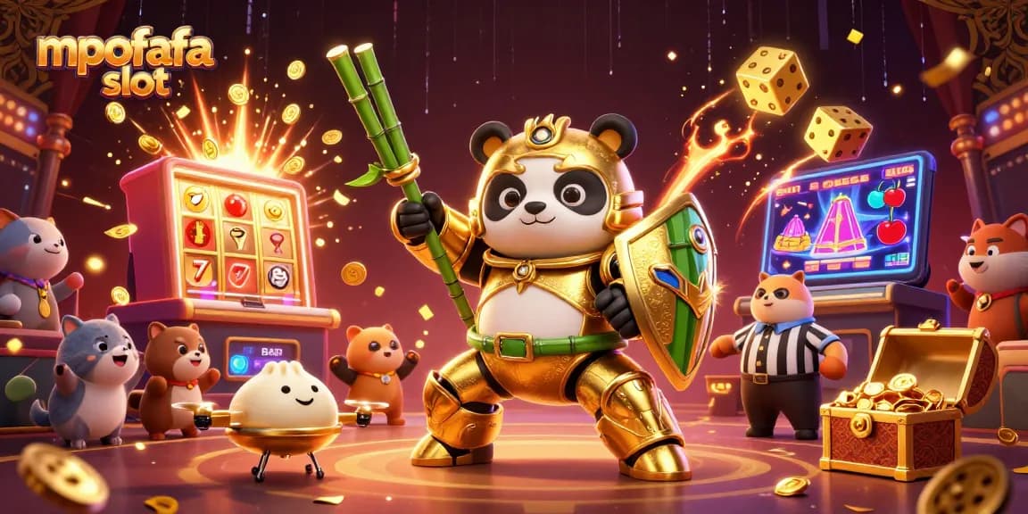 Experience the thrill of mpofafa slot with a dynamic scene of a golden panda and exciting casino elements.