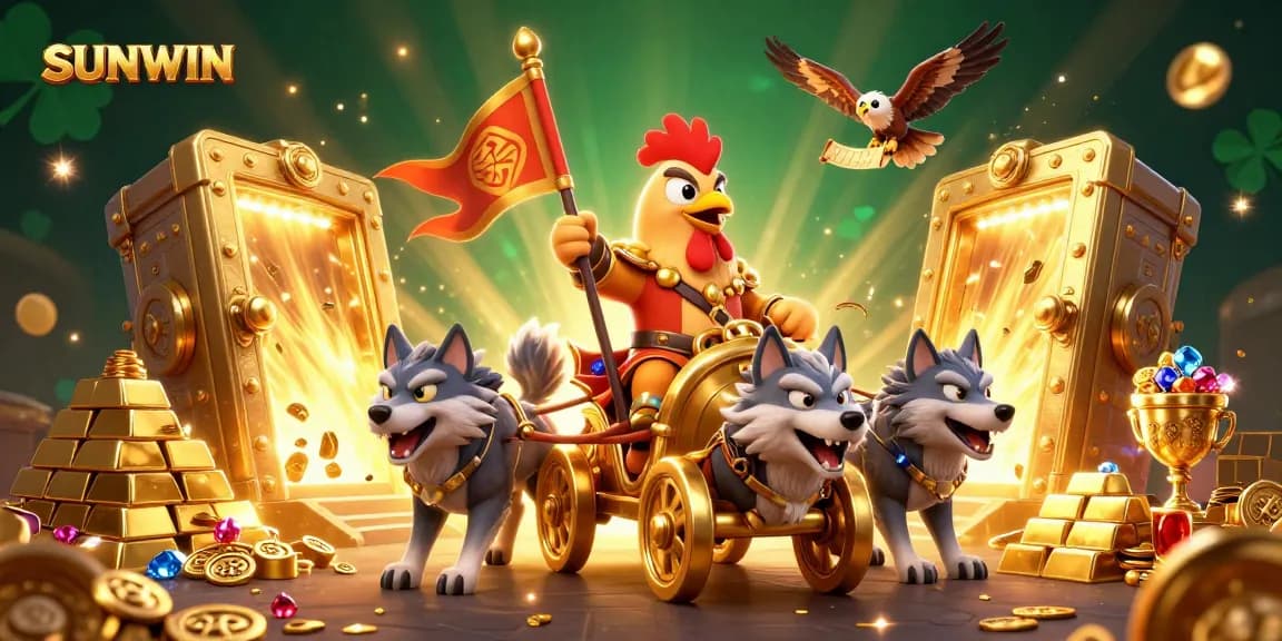 SUNWIN casino scene featuring a rooster warlord and golden treasures amidst dazzling lights.