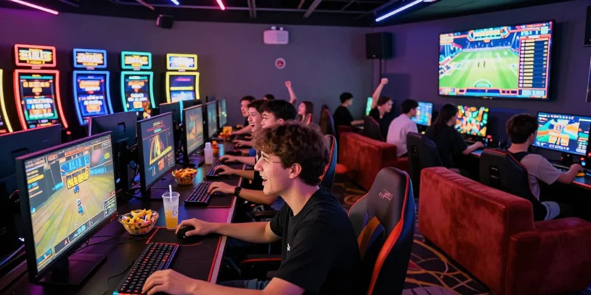 Dynamic gaming lounge with players enjoying SLOT ONLINE games under colorful lights.
