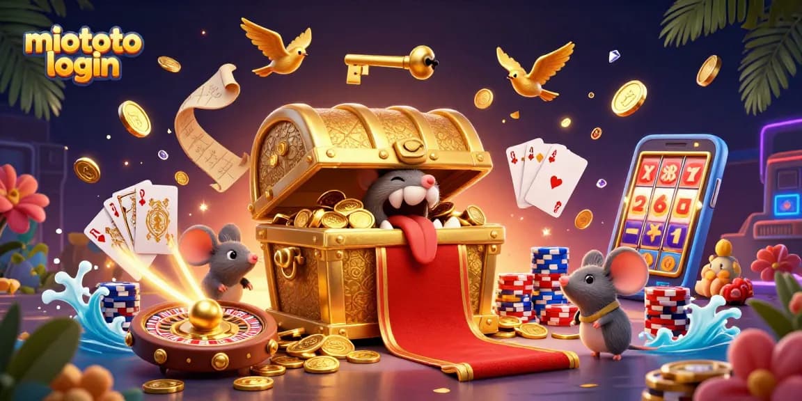 Engage with miototo login for exciting wins featuring a 3D treasure chest and casino elements.