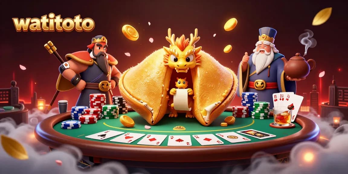 Betting with watitoto on a packed lucky poker table surrounded by mystical elements.