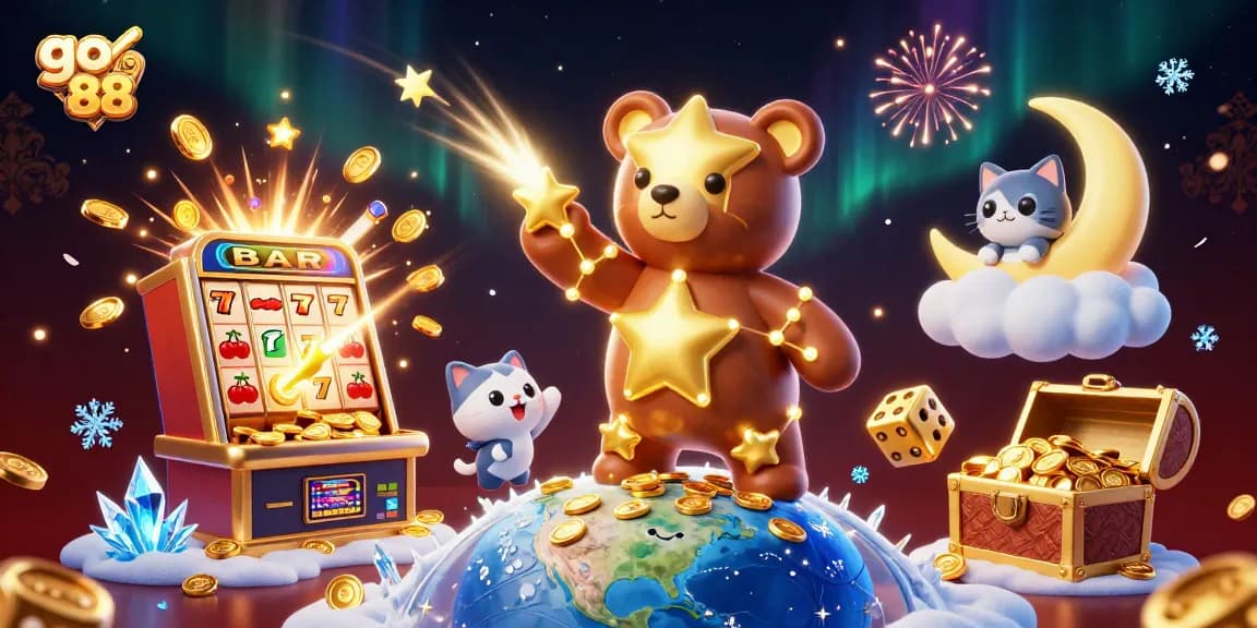 Engage with vibrant casino action featuring go 88, with a constellation bear and slot machine fireworks.