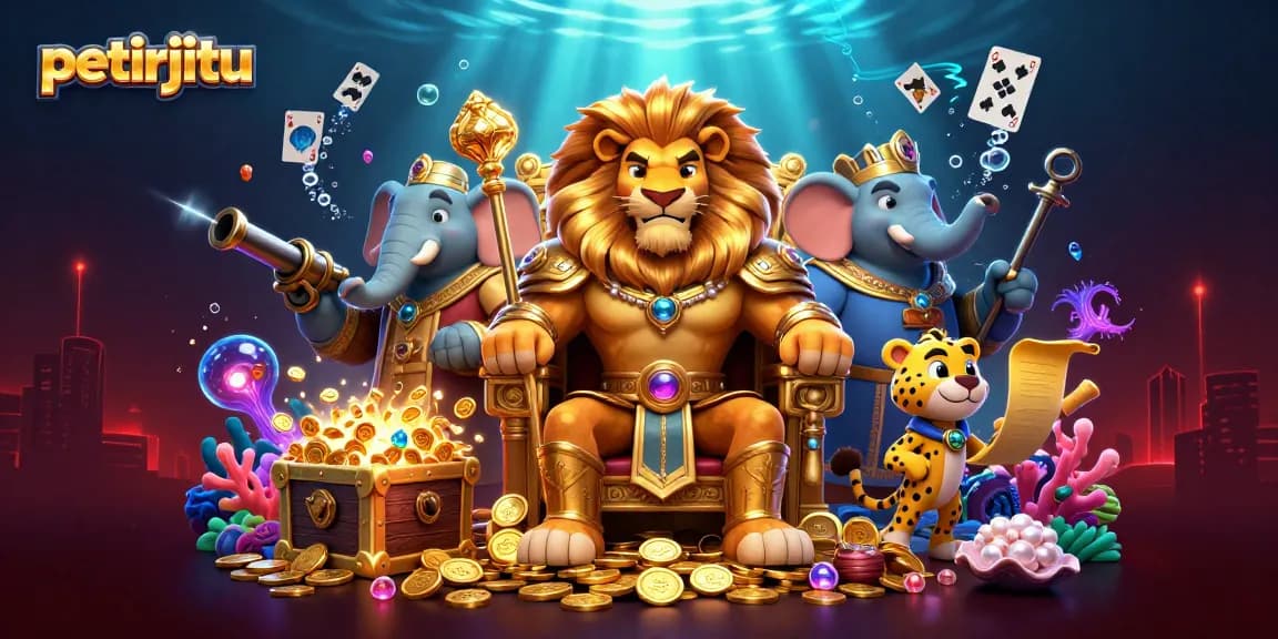 petirjitu hadir dalam ilustrasi 3D menampilkan raja singa, gajah bijak, dan cheetah cepat dengan elemen kasino yang dinamis.