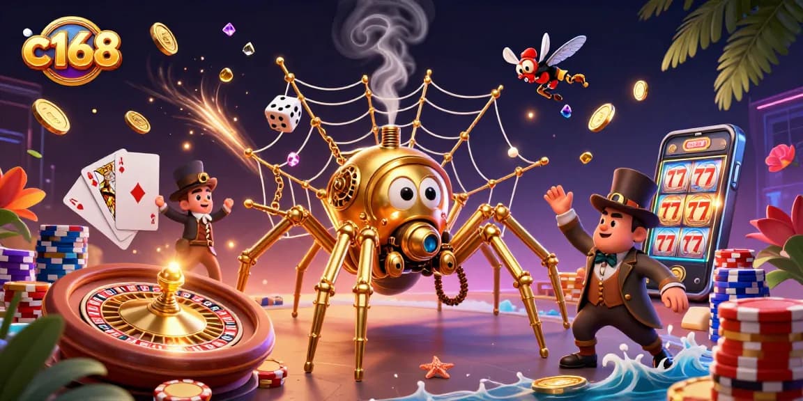Catch the excitement at c168 with a 3D golden spider webbing games and rewards.