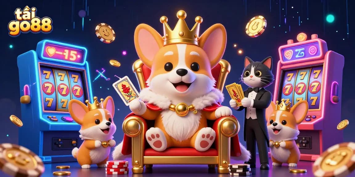 Experience the excitement of tải go88 with a royal corgi seated on poker chips amidst vibrant 3D slots.