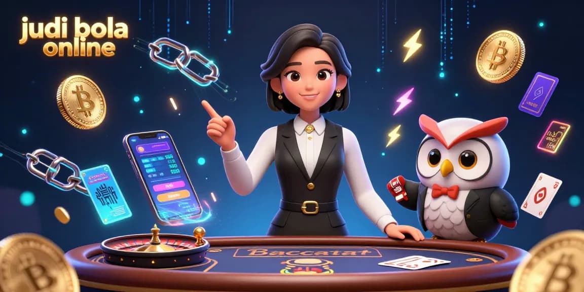 Experience judi bola online with a dynamic illustration of an Asian dealer and vibrant game elements.