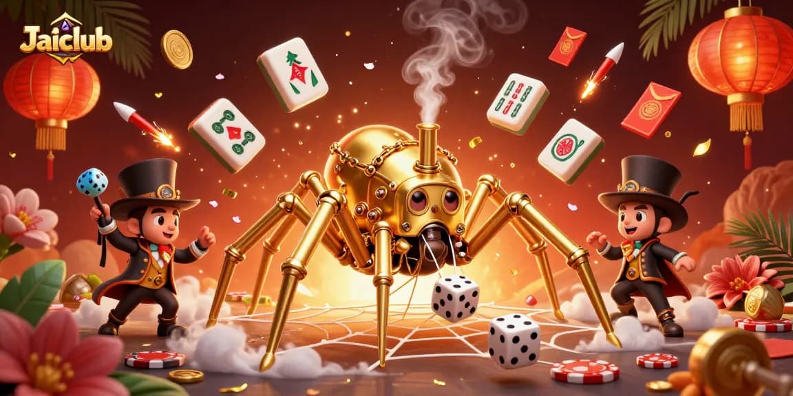 Enjoy thrilling games on Jaiclub as the golden spider catches dice in an exciting casino scene.