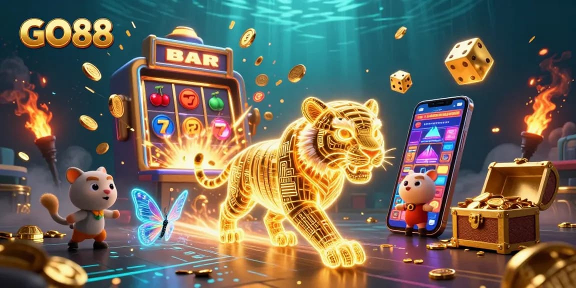 Experience the excitement of GO88 with a dazzling casino scene featuring dynamic 3D elements and vibrant visuals.