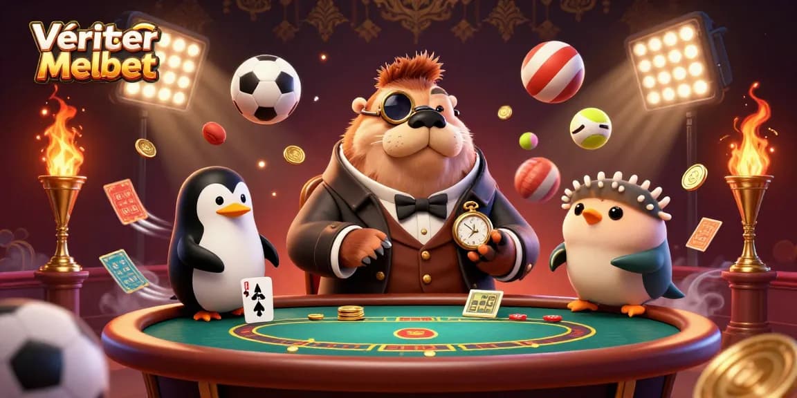 Vérifier coupon Melbet avec cette illustration ludique de casino, mettant en scène un morse et des éléments sportifs.