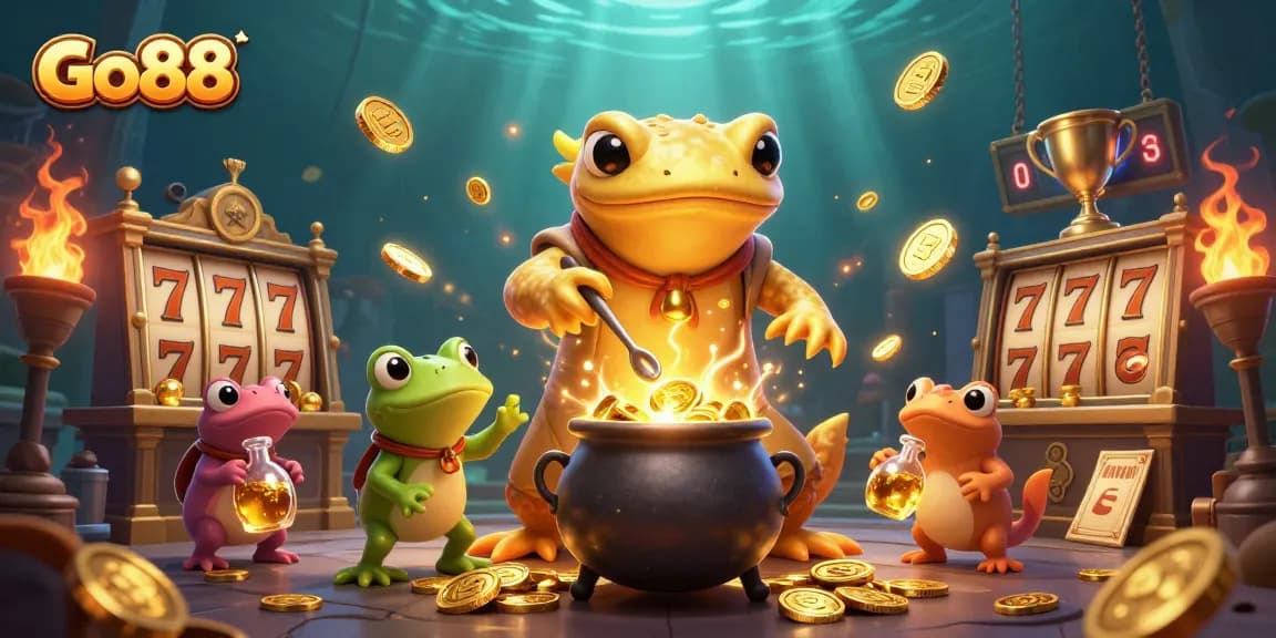 Win big at Go88 with a golden alchemist transforming base metals into riches in a vibrant casino.
